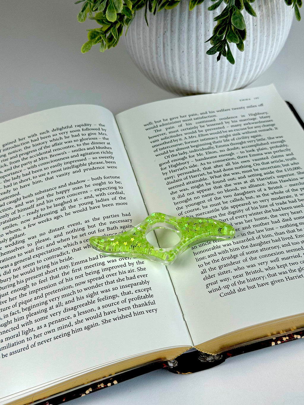 Open book with a green ring on top, next to a white vase with greenery.