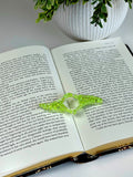 Open book with a green ring on top, next to a white vase with greenery.