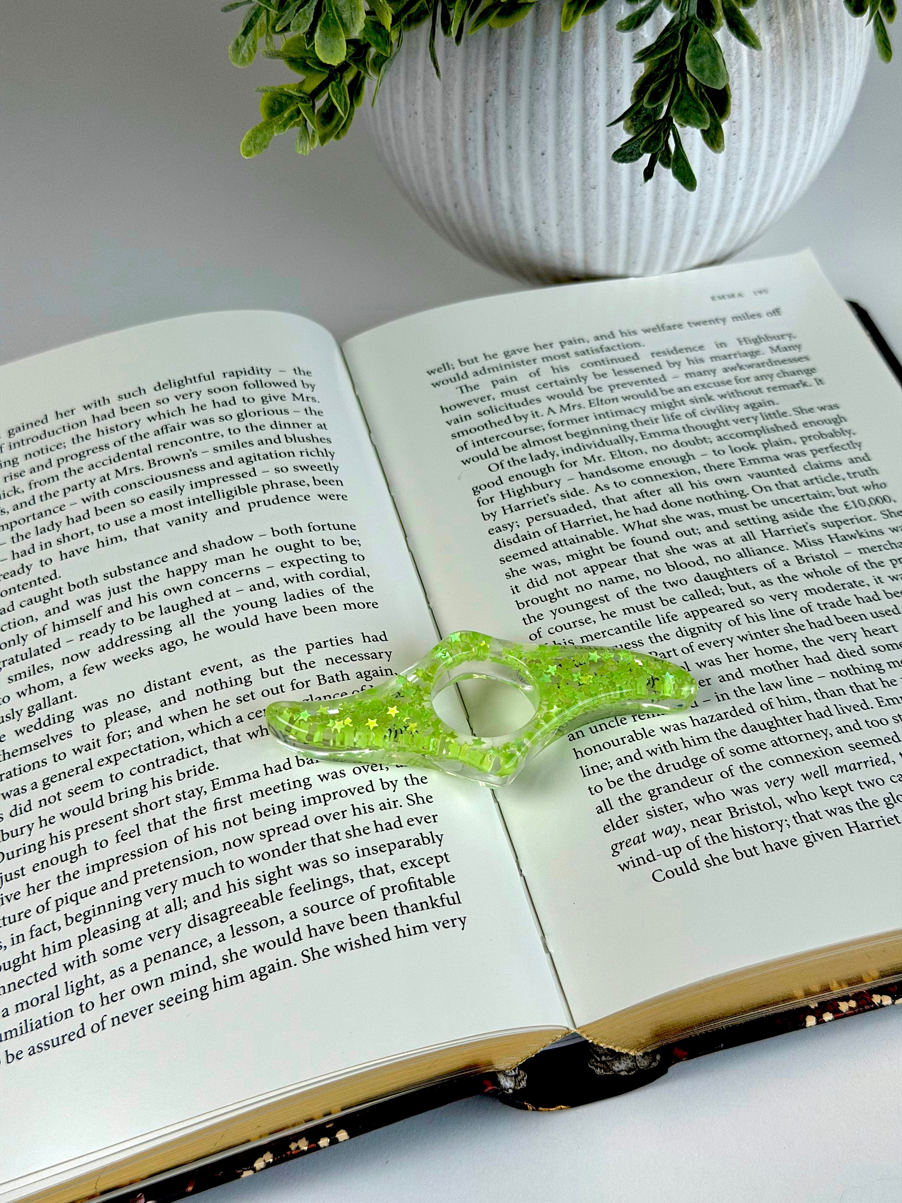 Open book with a green ring on top, next to a white vase with greenery.