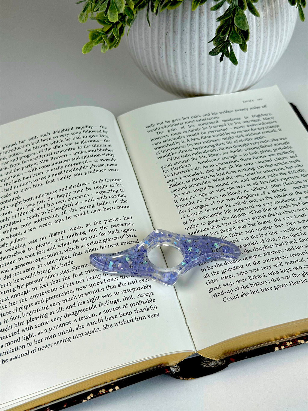 Open book with a decorative blue object on top, next to a white vase with greenery.
