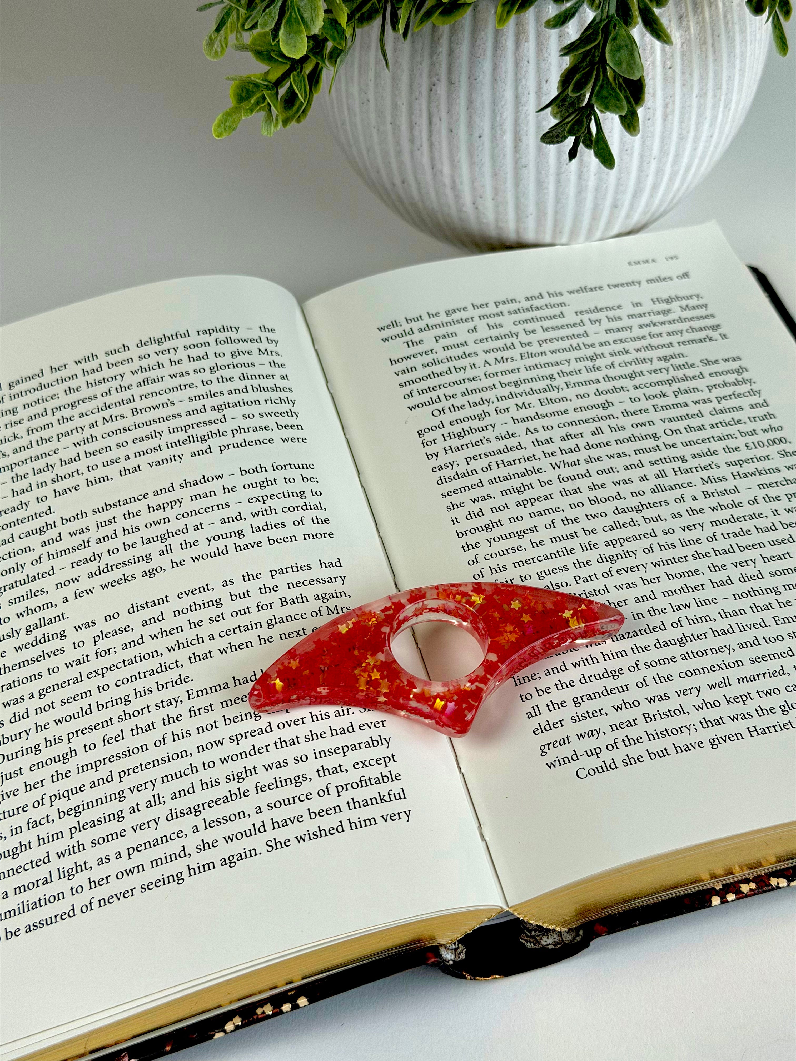Open book with a red decorative item on a white surface, next to a potted plant.
