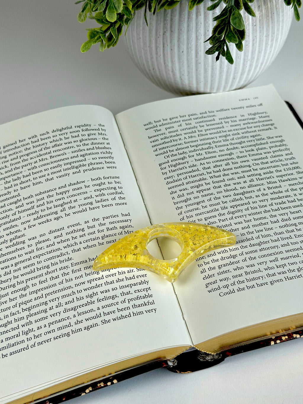 Open book with a yellow lace bookmark on a white surface, with a potted plant in the background.