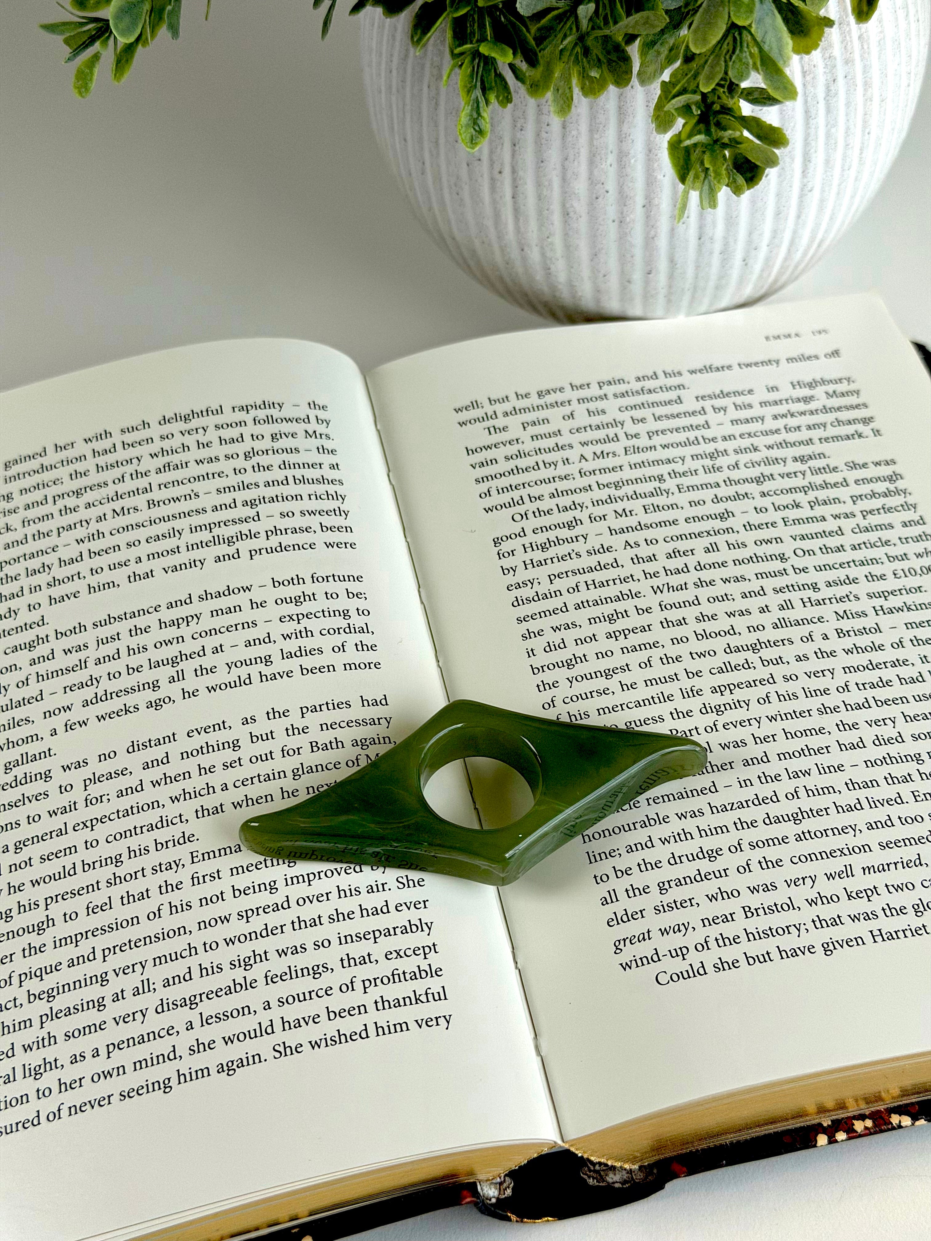 Open book with a green page holder on top, next to a white vase with plants.