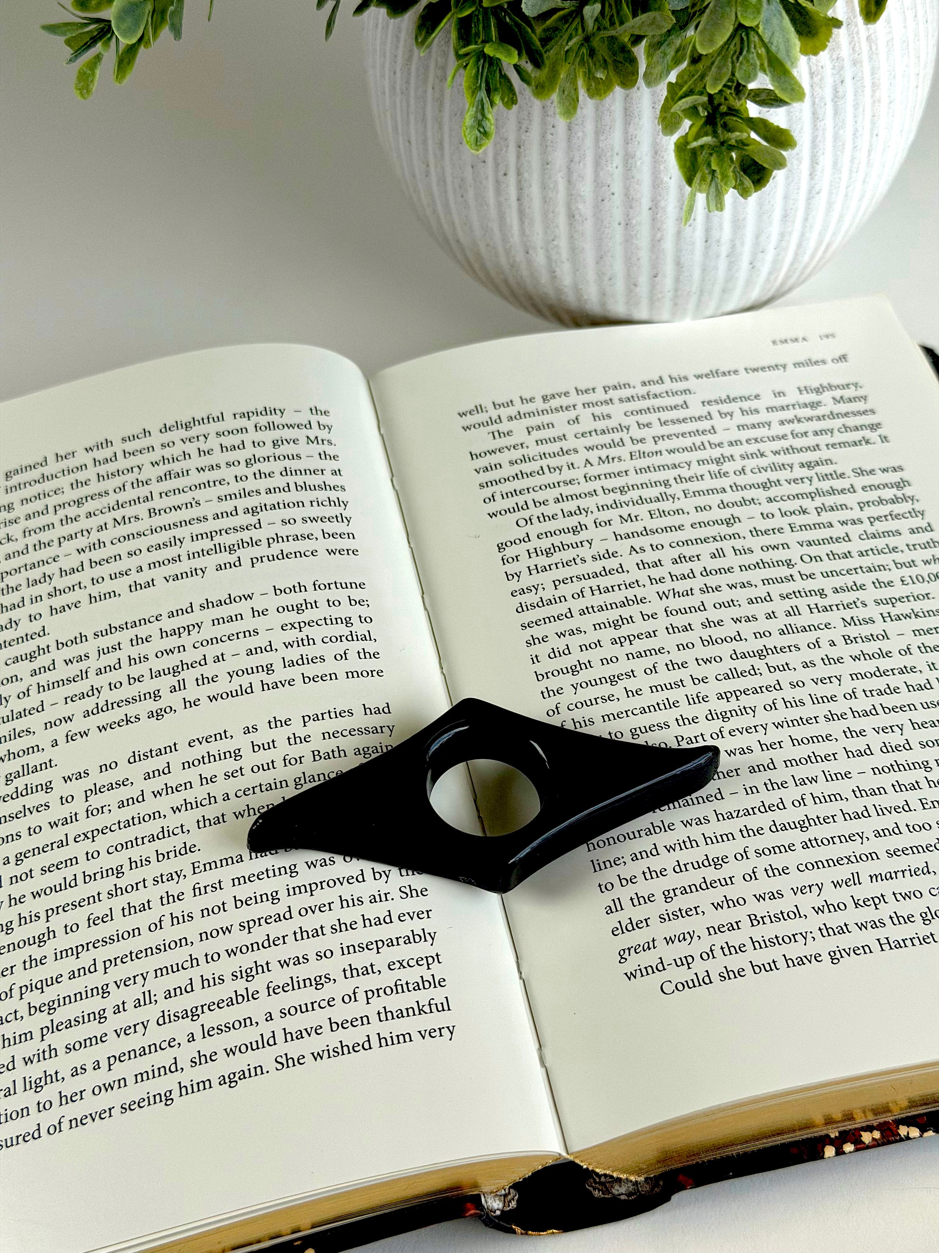 Open book with a black page holder on a white surface, next to a potted plant.