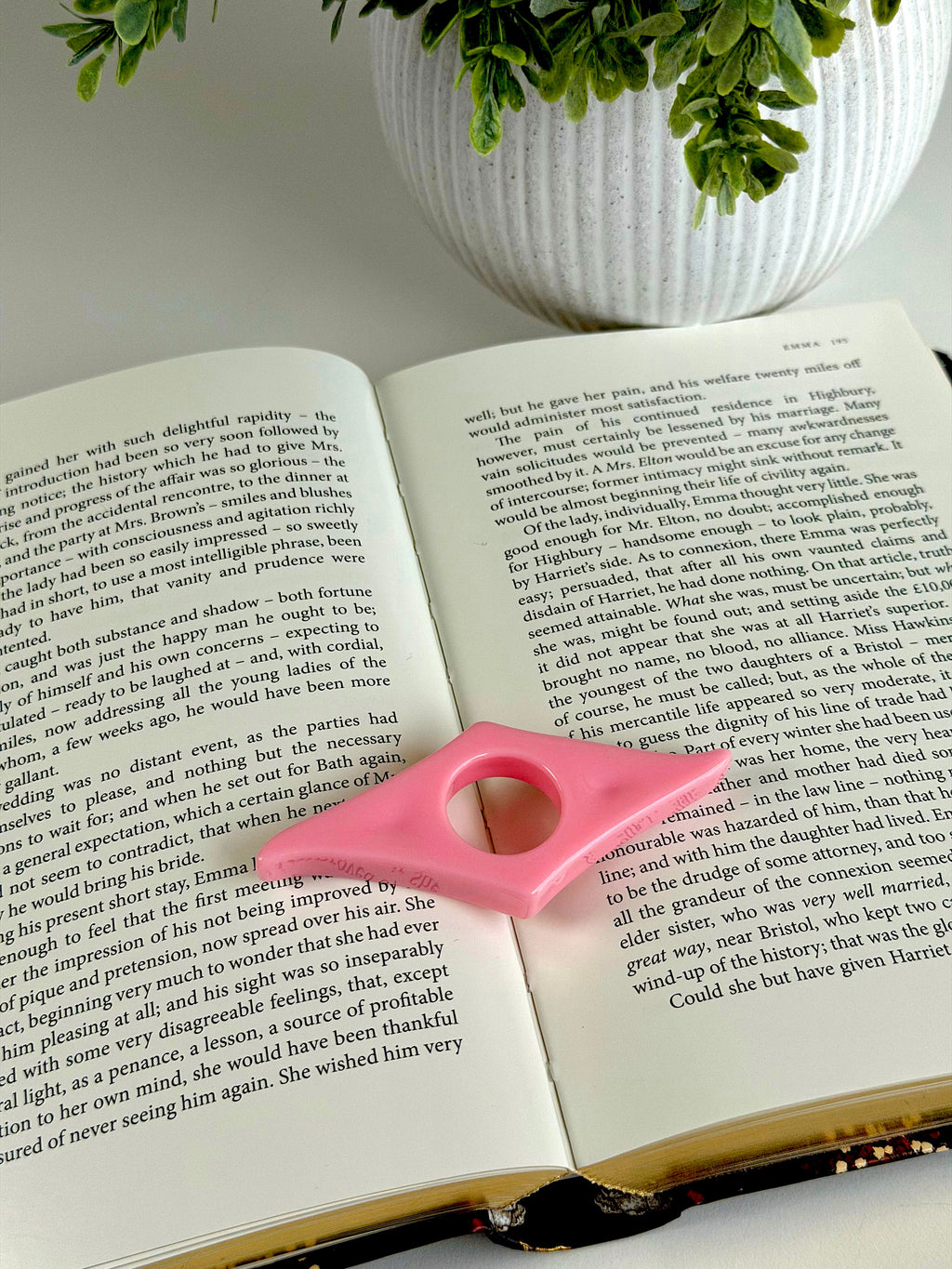 Open book with a pink page marker on a white surface, next to a potted plant.
