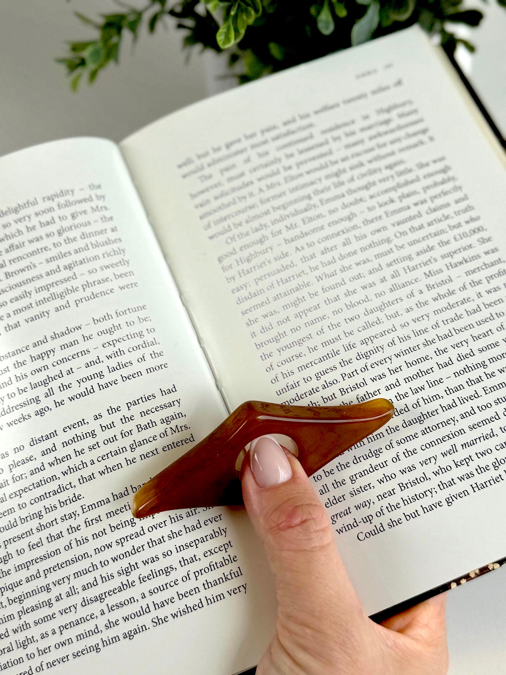 Hand holding a brown leather bookmark on an open book with greenery in the background