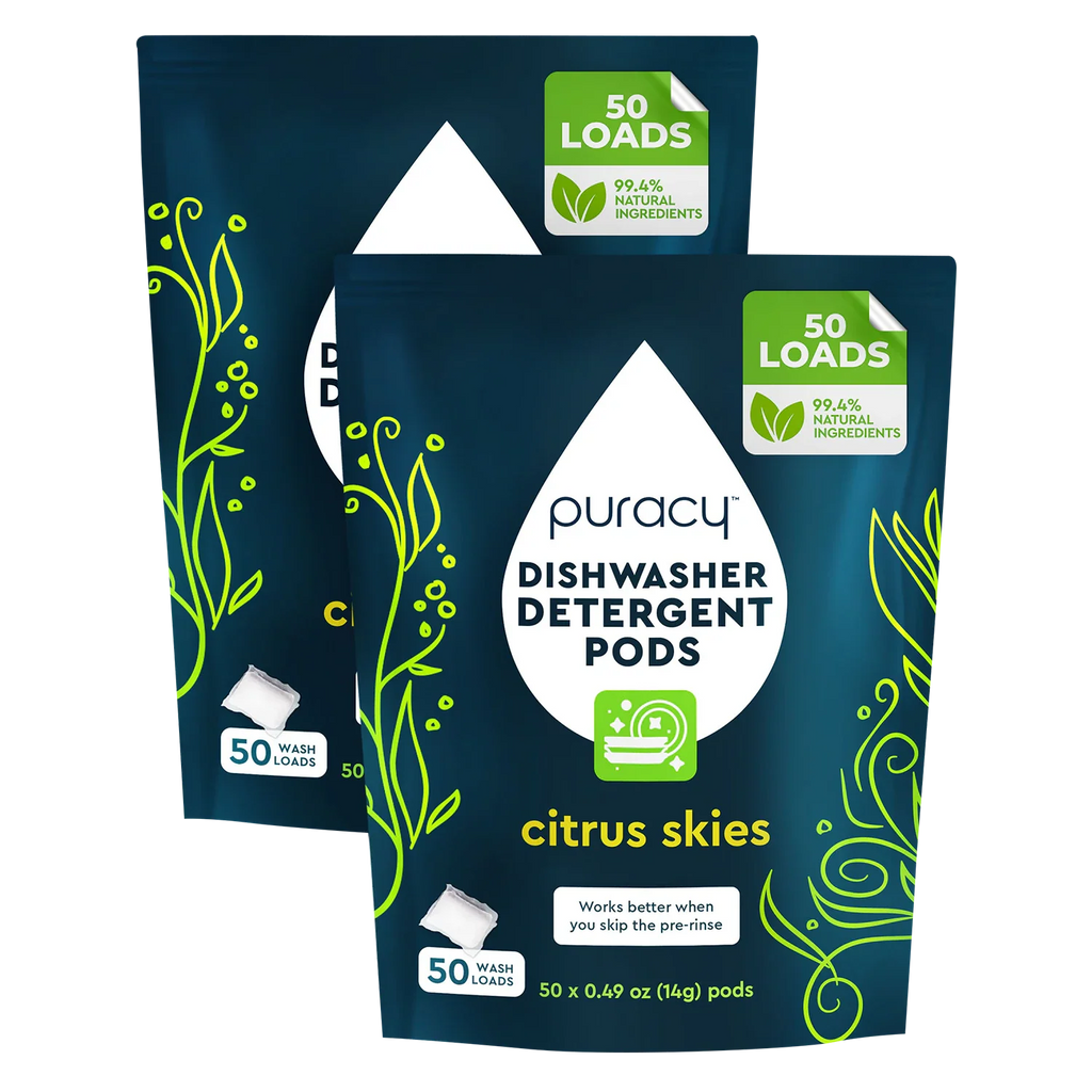 Two packages of Puracy dishwasher detergent pods with citrus skies scent on a white background.