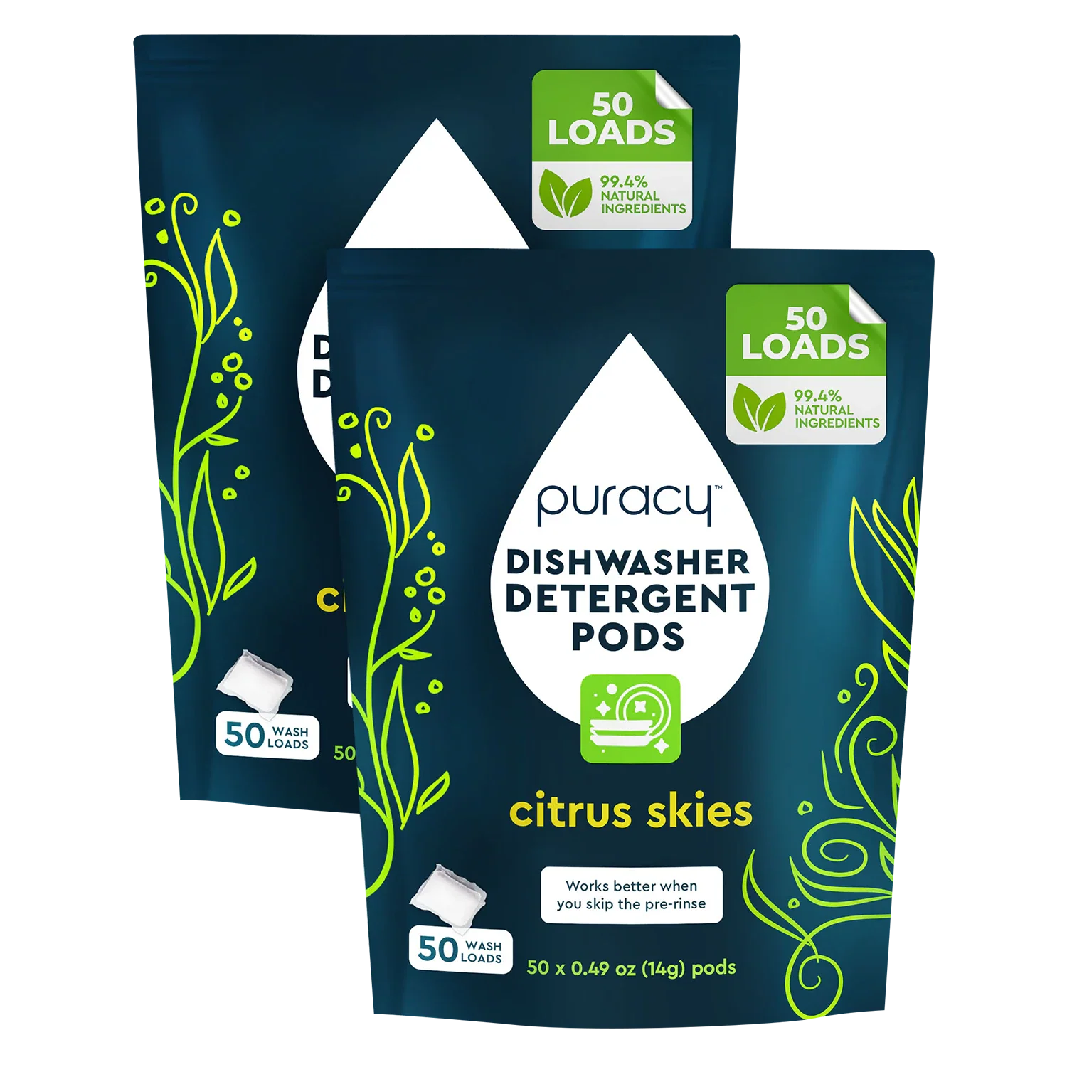 Two packages of Puracy dishwasher detergent pods with citrus skies scent on a white background.