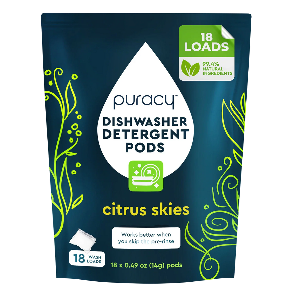Puracy dishwasher detergent pods packaging with citrus skies scent on a white background