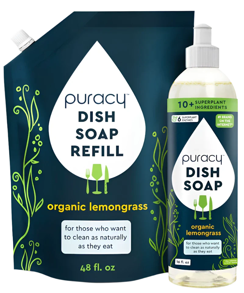 Puracy dish soap refill pouch and bottle with organic lemongrass scent on a white background