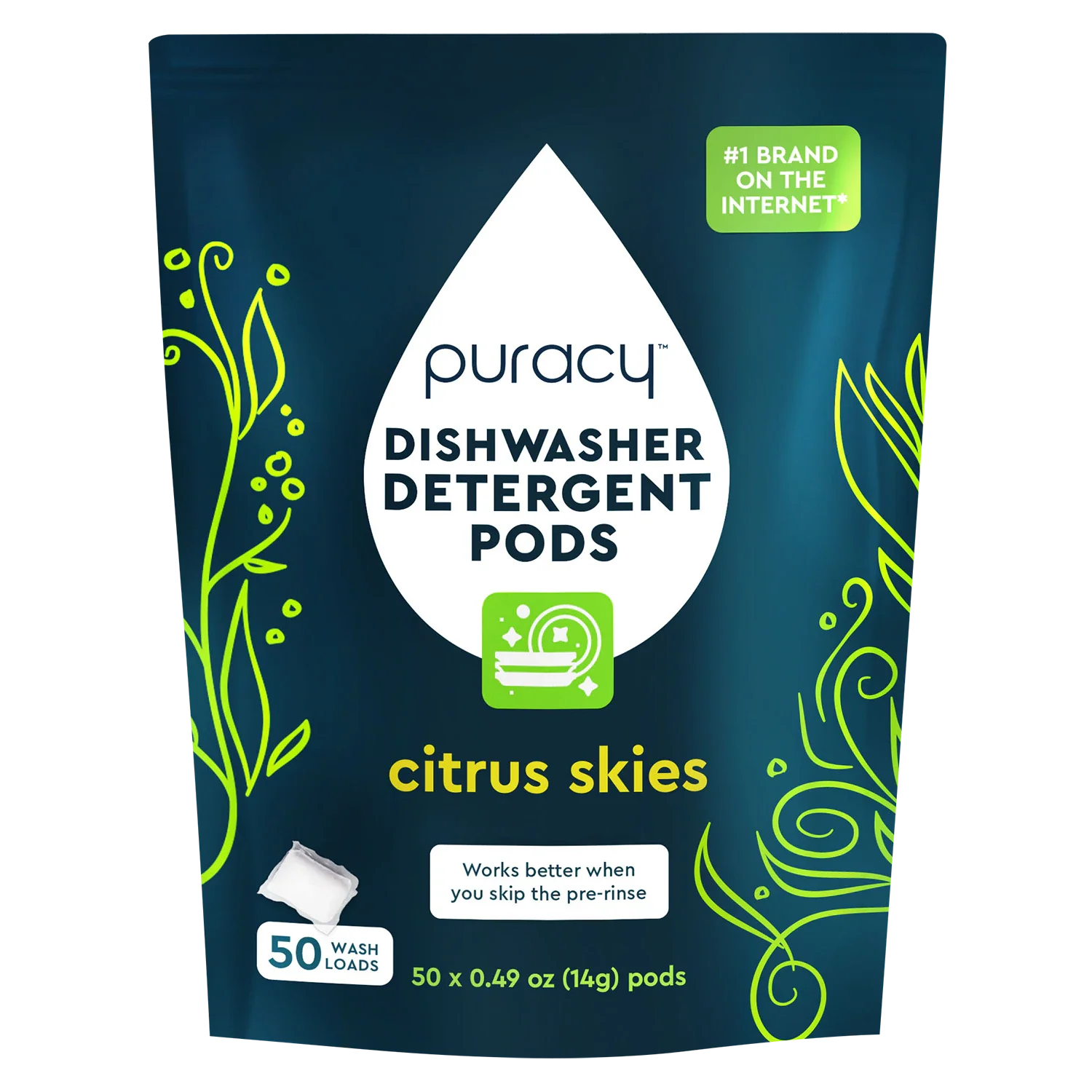 Puracy dishwasher detergent pods packaging with citrus skies scent on a white background