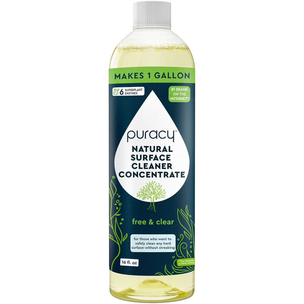 Puracy Natural Surface Cleaner Concentrate bottle with free and clear flavor on a white background