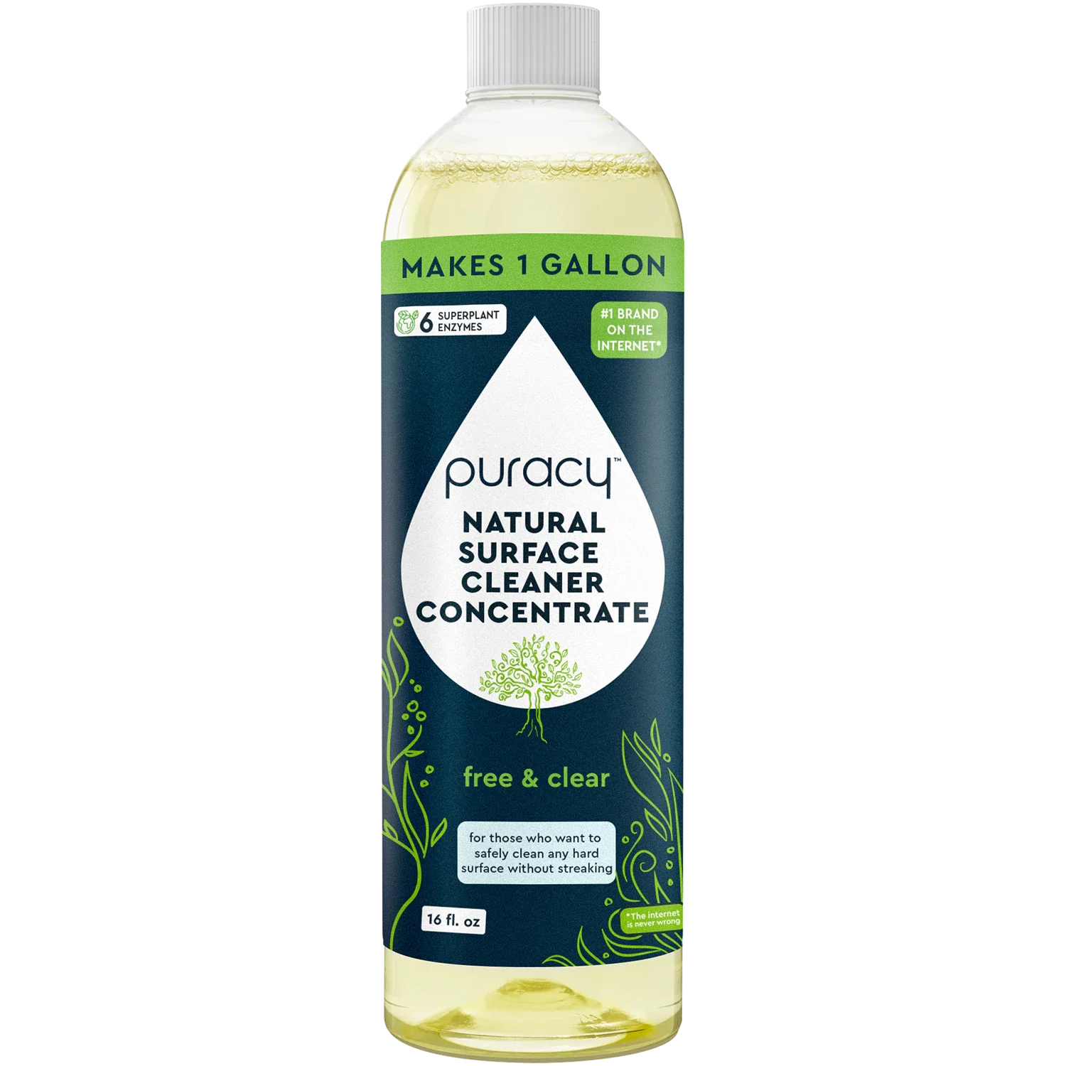Puracy Natural Surface Cleaner Concentrate bottle with free and clear flavor on a white background