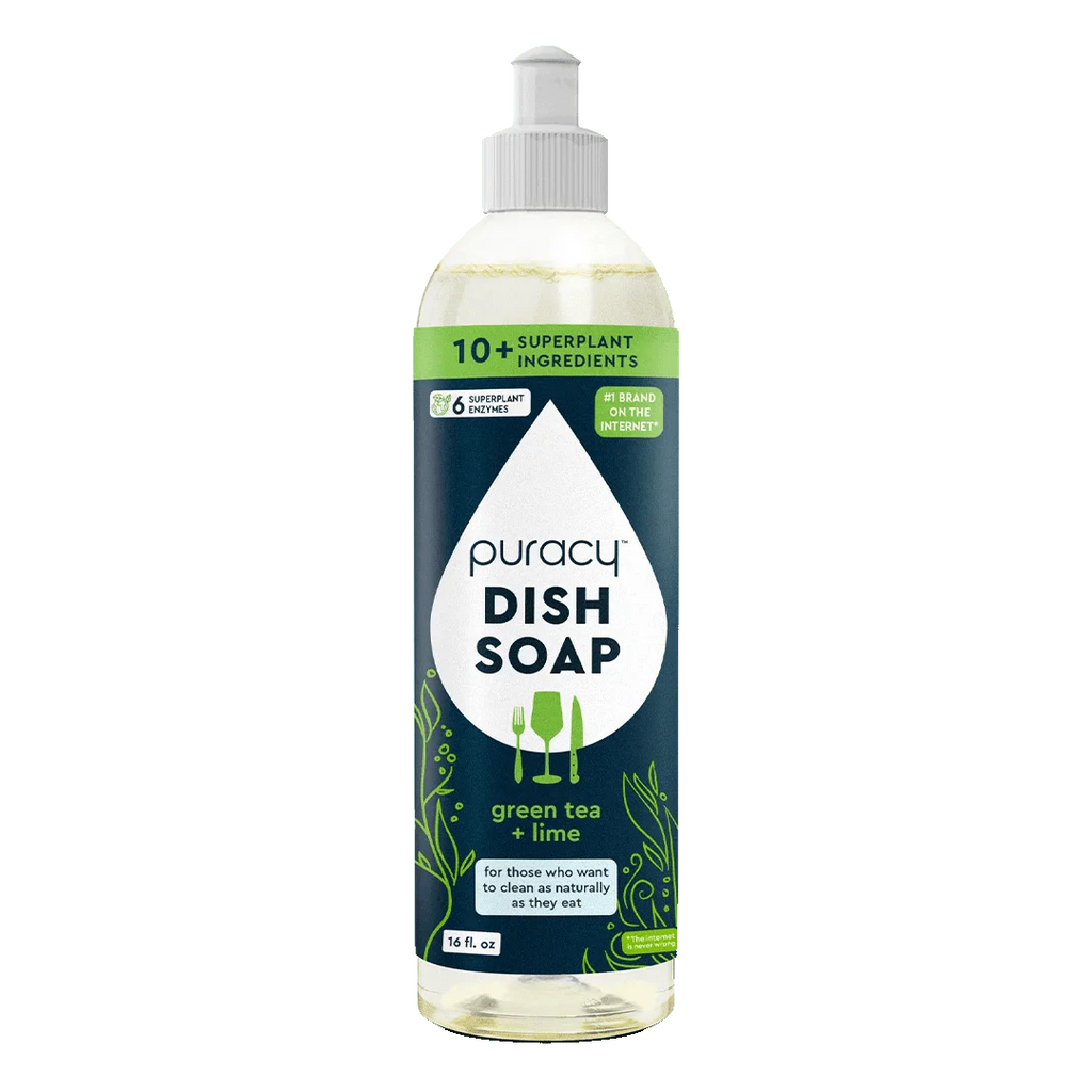 Puracy dish soap bottle with green tea and lime flavor on a white background