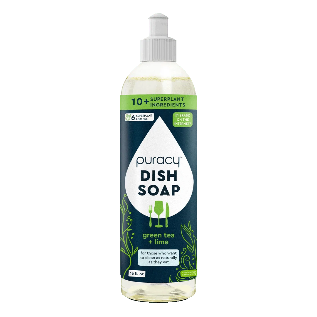 Puracy dish soap bottle with green tea and lime flavor on a white background