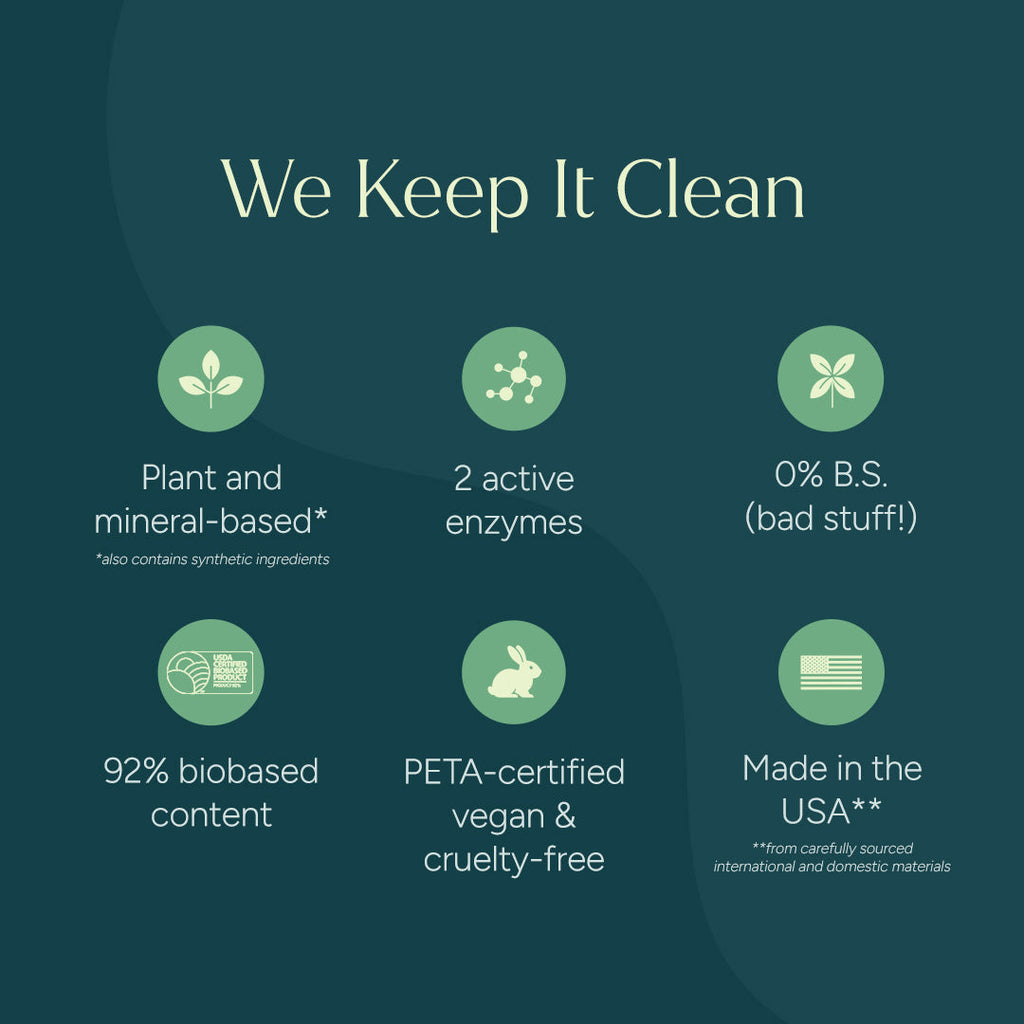 Green label with text and icons on a dark green background, promoting a product's clean and ethical attributes.