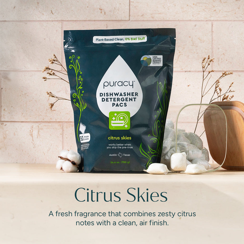 Puracy Dishwasher Detergent Pacs packaging with 'Citrus Skies' description on a neutral background
