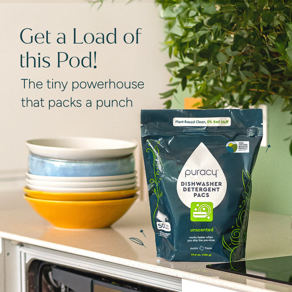 Puracy dishwasher detergent pods packaging with bowls on a kitchen counter