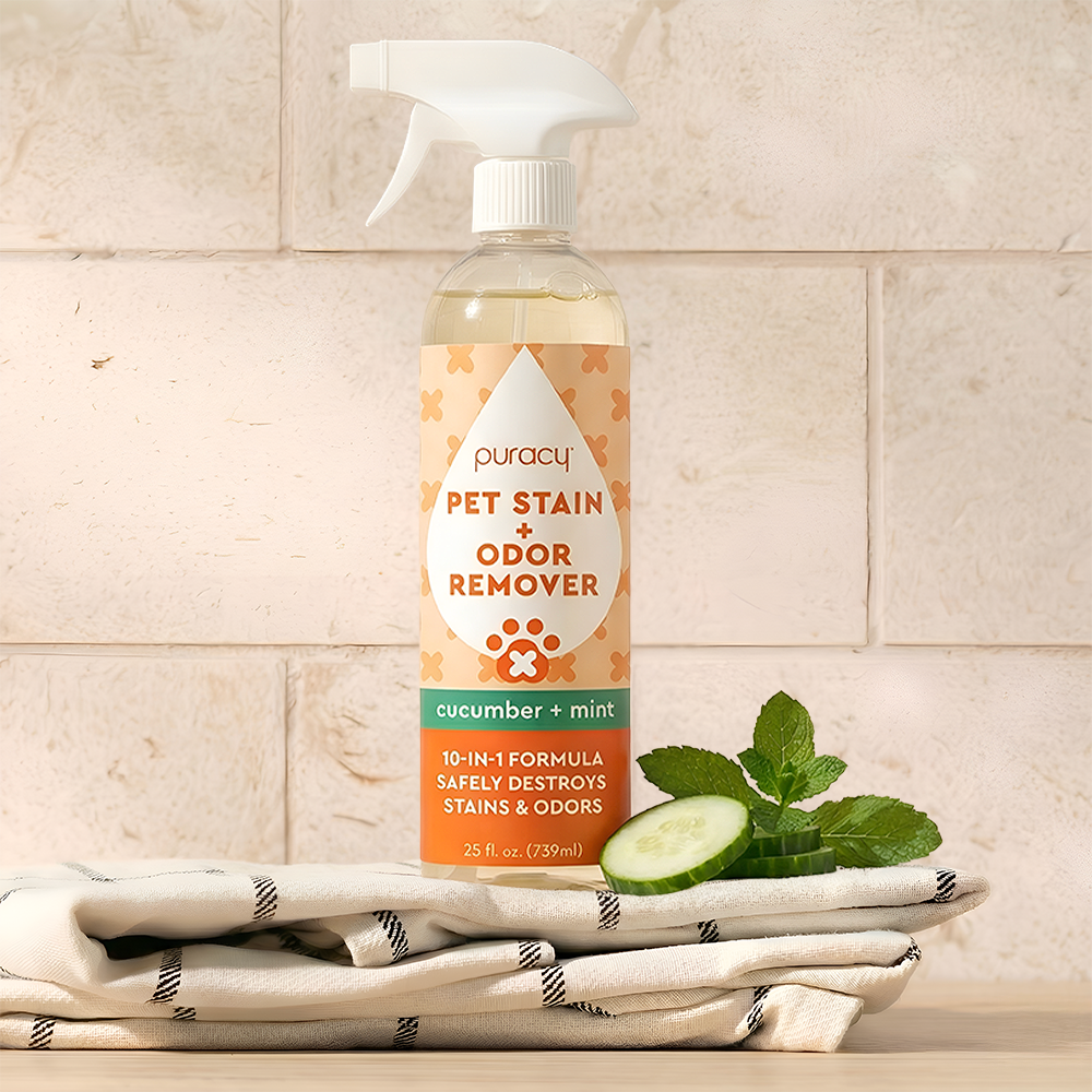 Puracy Pet Stain + Odor Remover bottle with cucumber and mint on a tiled background