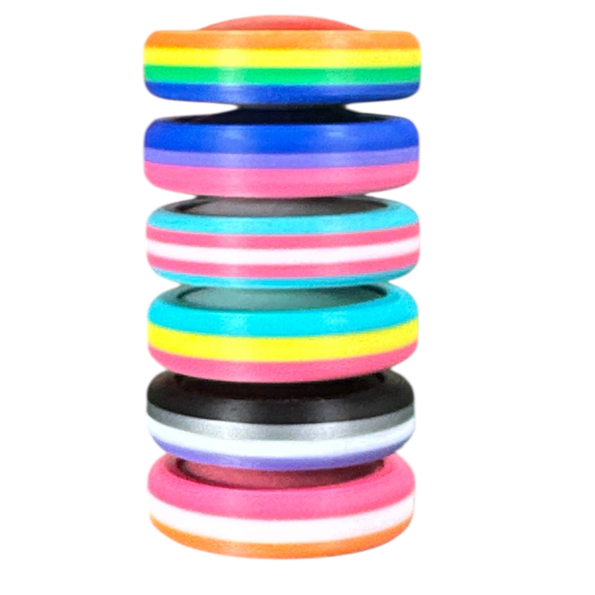 Stack of colorful discs on a white background