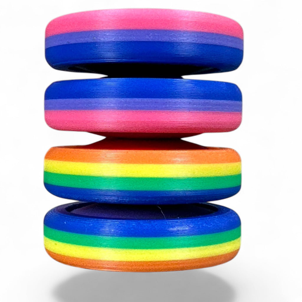 Stack of colorful discs on a white background