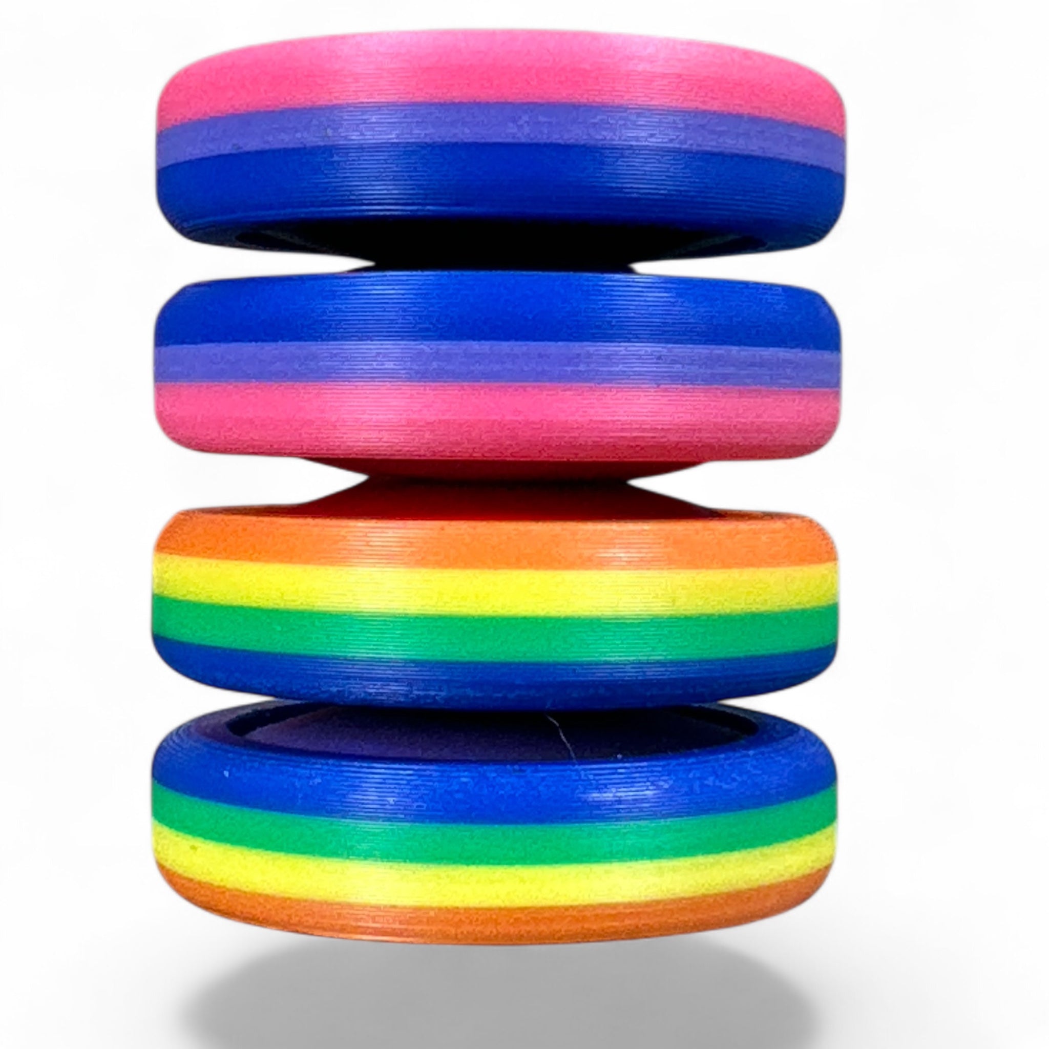 Stack of colorful discs on a white background