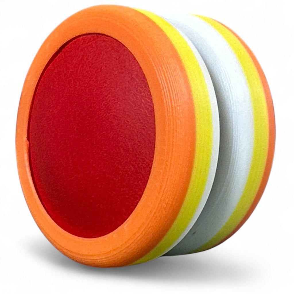 Stack of colorful discs on a white background