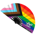 Rainbow-colored fan with 'love is love' text on a white background