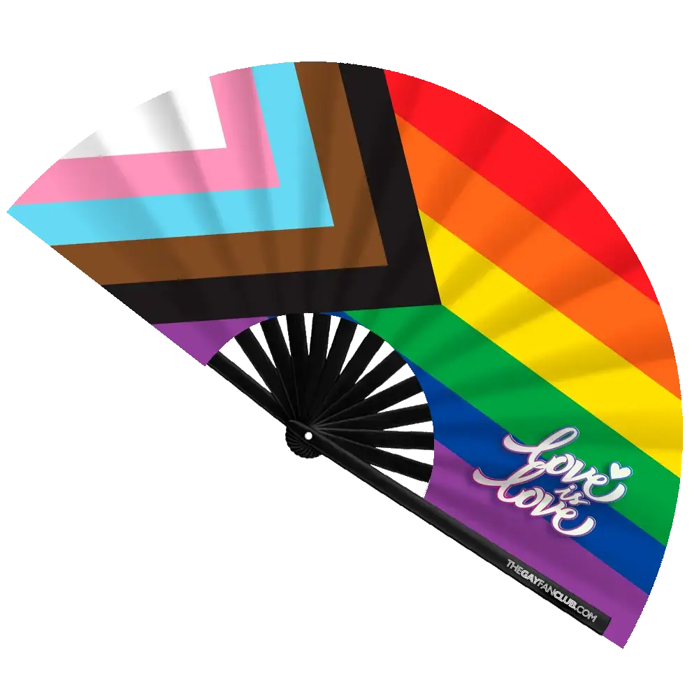Rainbow-colored fan with 'love is love' text on a white background