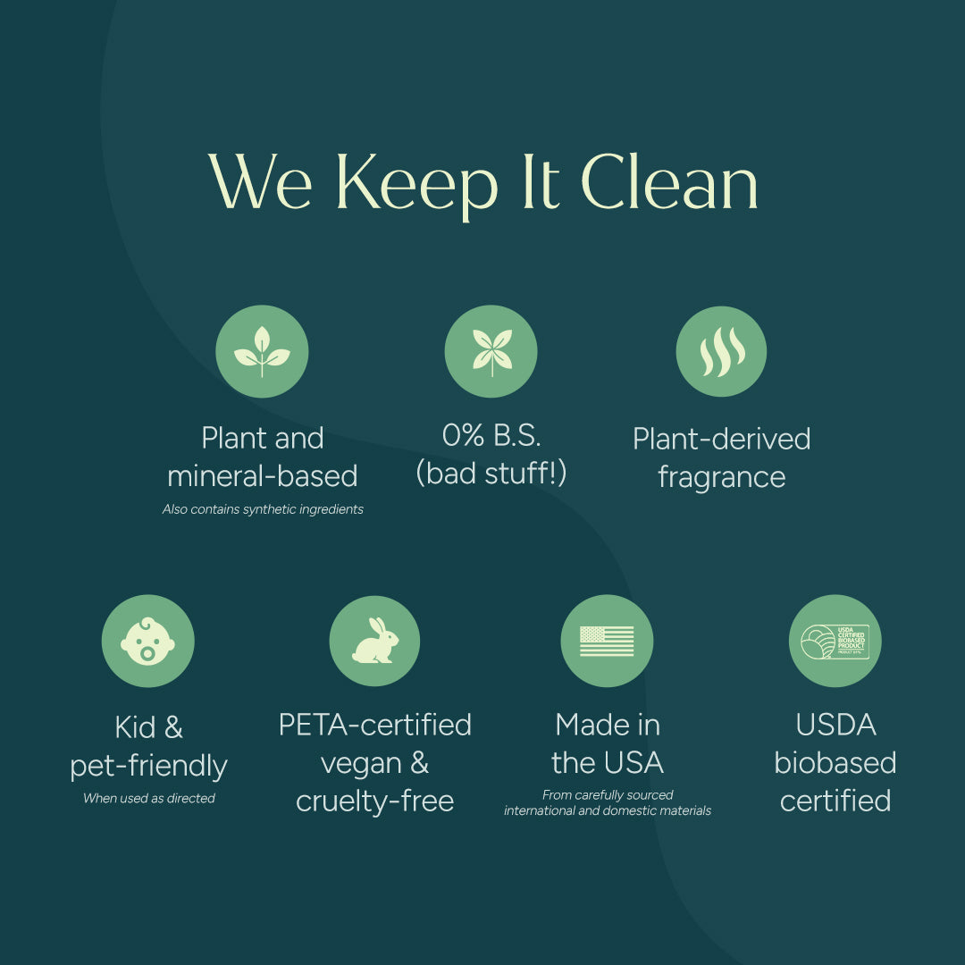 List of product attributes on a green background with icons and text.