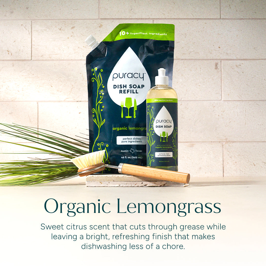 Puracy dish soap refill and bottle on a kitchen counter with organic lemongrass scent text.
