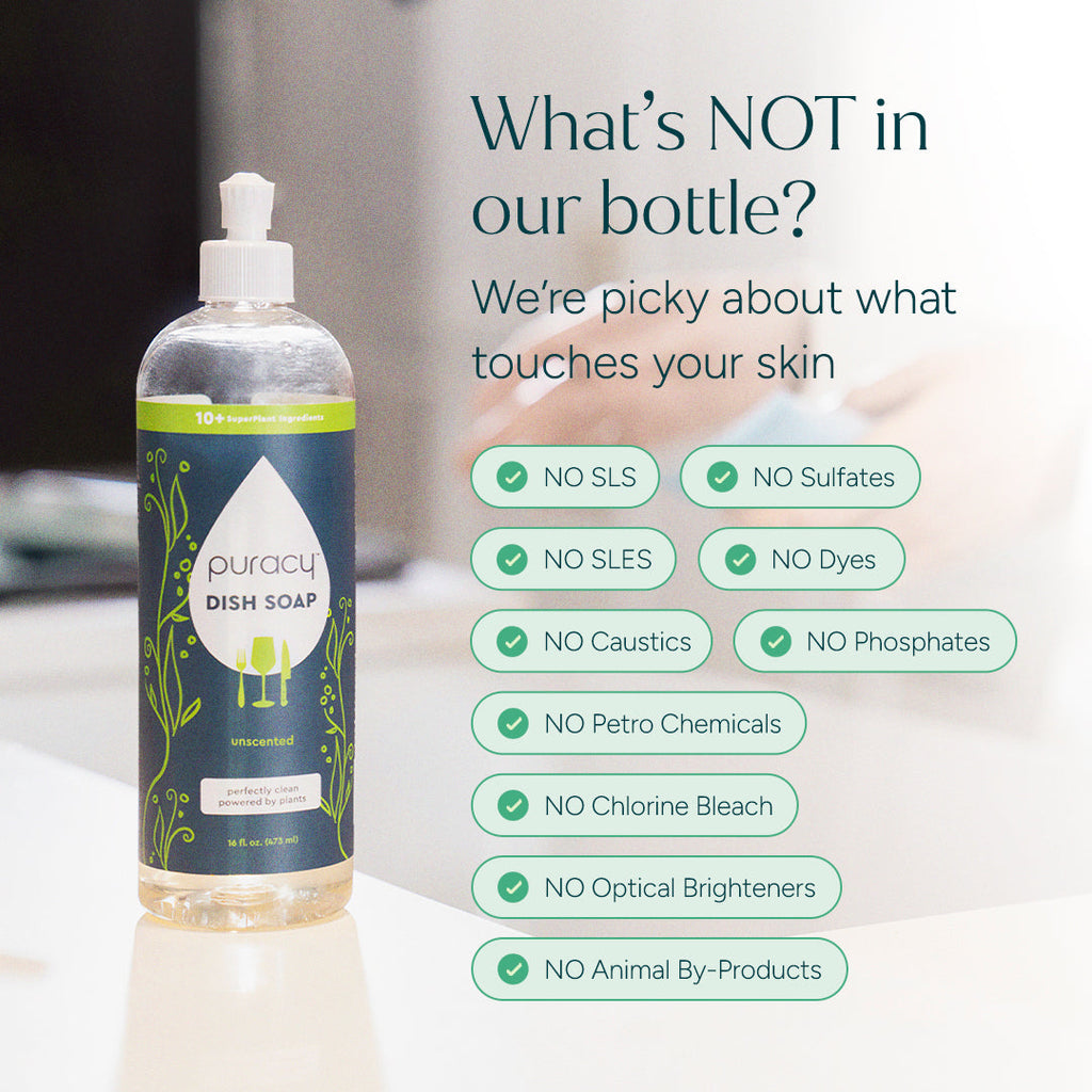 Puracy dish soap bottle with a list of ingredients not found in the product on a white background.