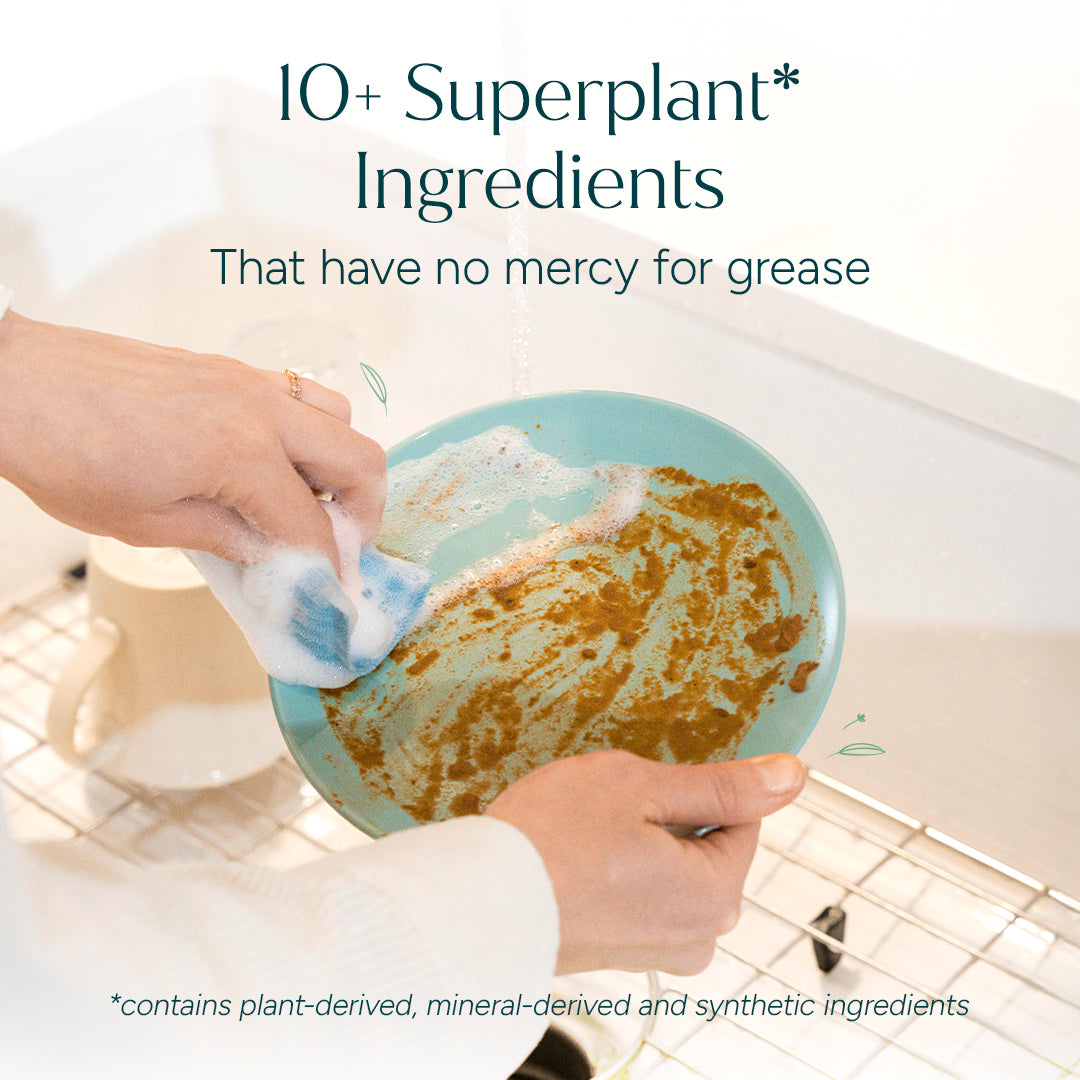 Person cleaning a greasy plate with a soapy sponge, text about superplant ingredients and grease removal.