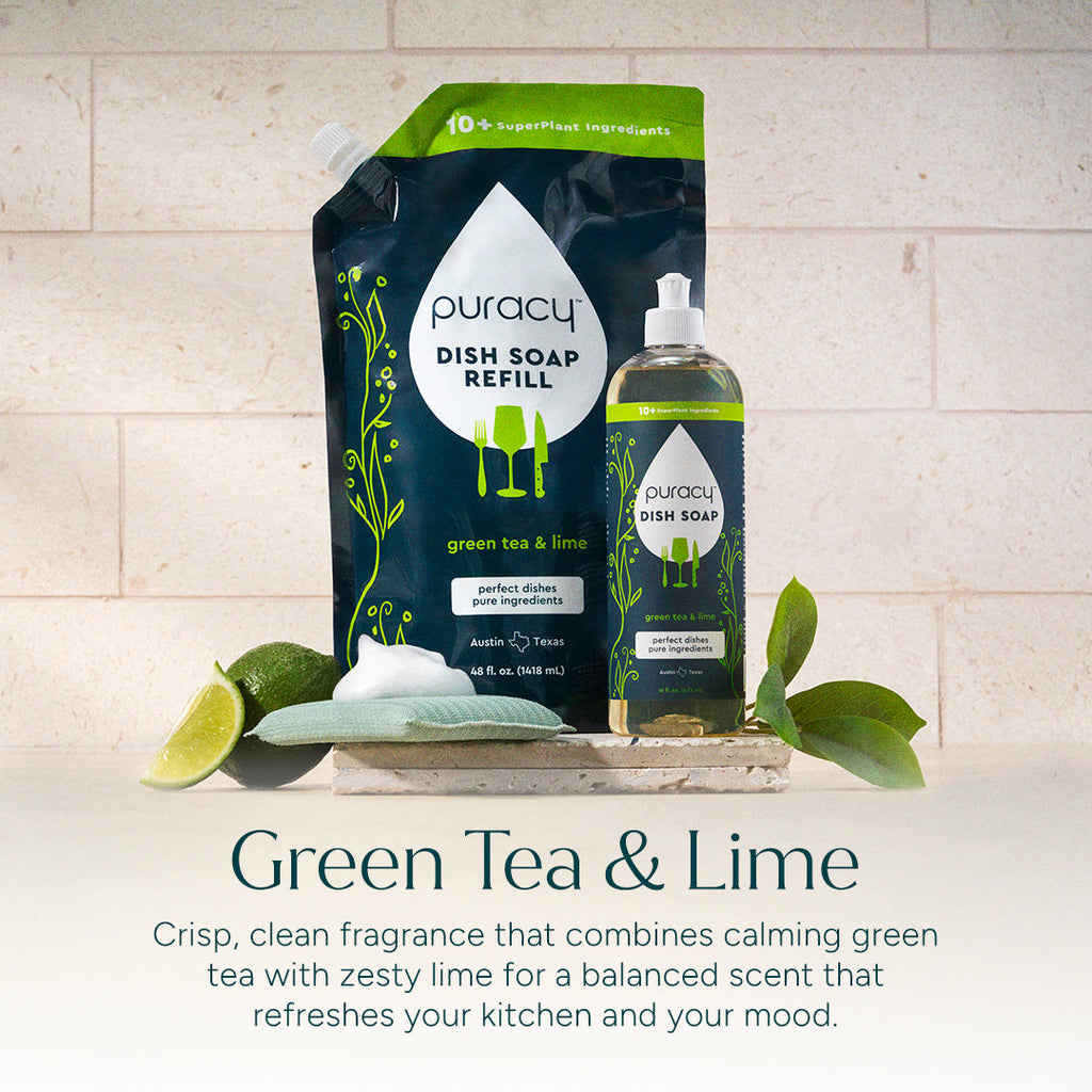 Puracy dish soap refill packaging with green tea and lime scent on a light background