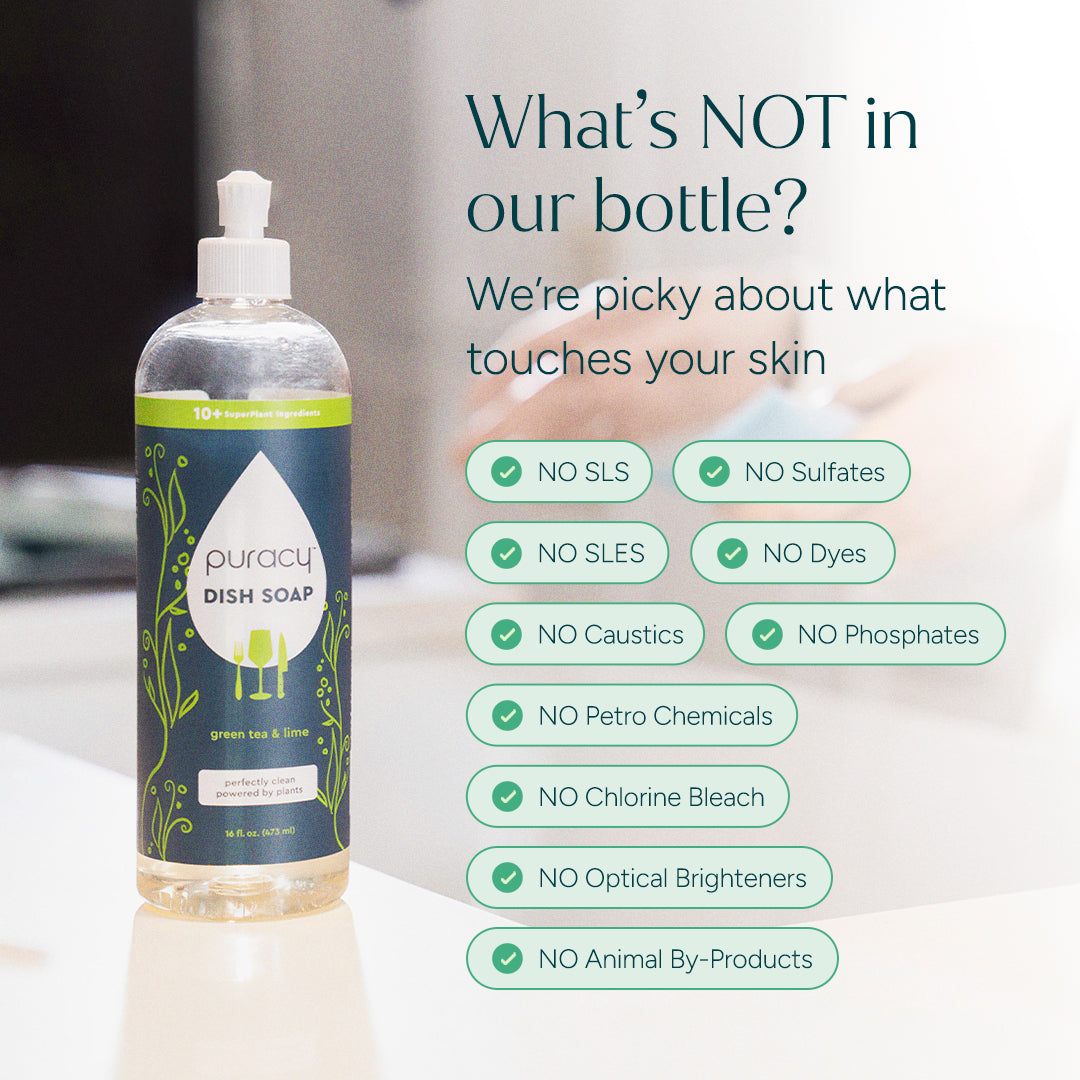 Puracy dish soap bottle with a list of ingredients not found in the product on a white background.
