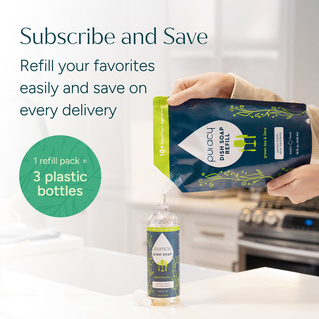 Person holding a refill pack of dish soap with text about subscribing and saving on plastic waste.