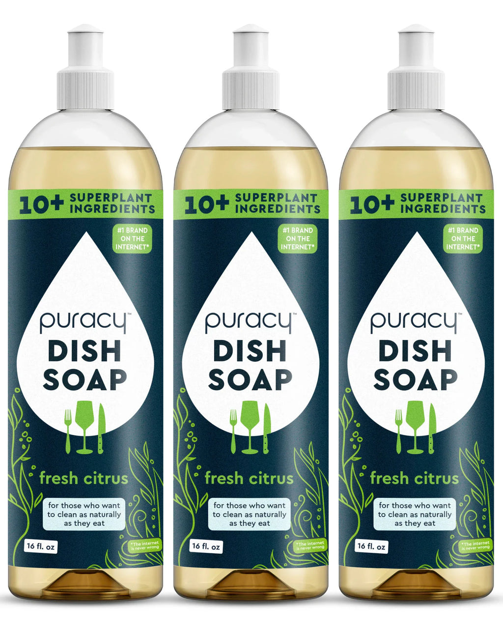 Three bottles of Puracy Dish Soap with fresh citrus scent on a white background
