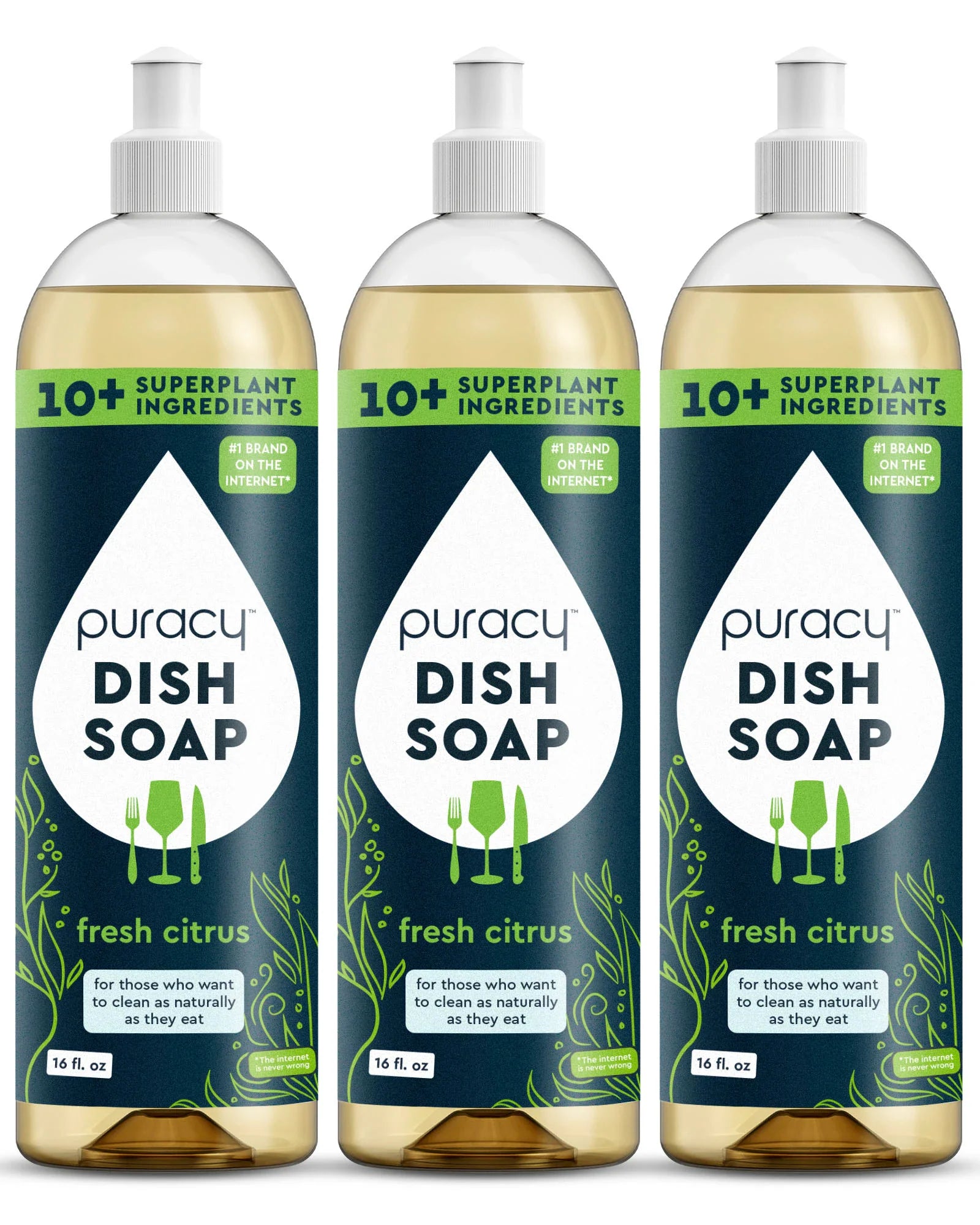 Three bottles of Puracy Dish Soap with fresh citrus scent on a white background