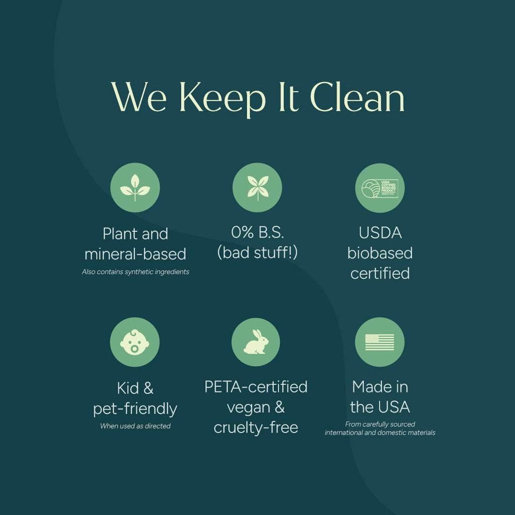 Green background with text and icons stating product attributes on a green background