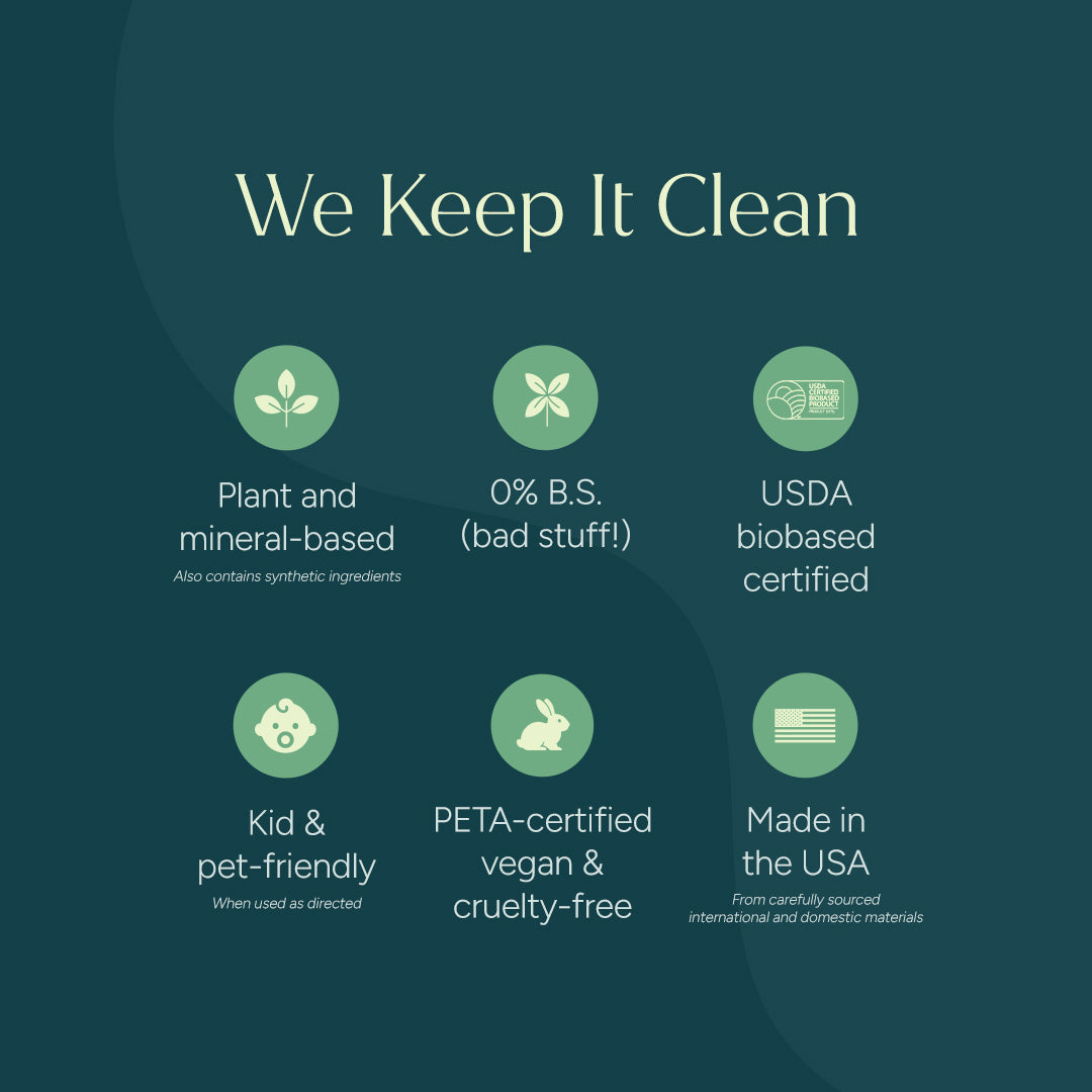 Green background with text and icons stating product attributes on a green background