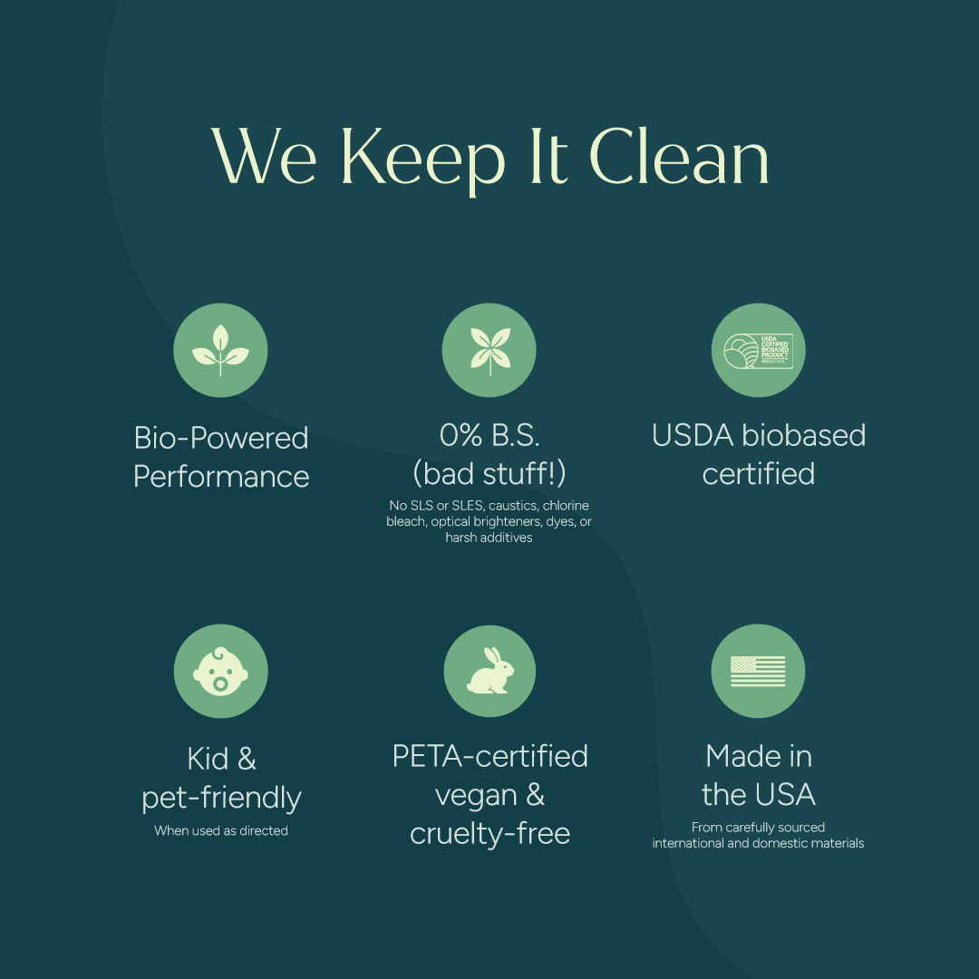 Green label with text and icons on a dark green background, highlighting product features.
