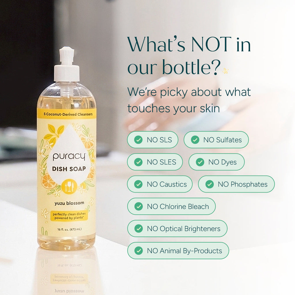 Bottle of Puracy dish soap with a list of ingredients not included in the product on a white background.