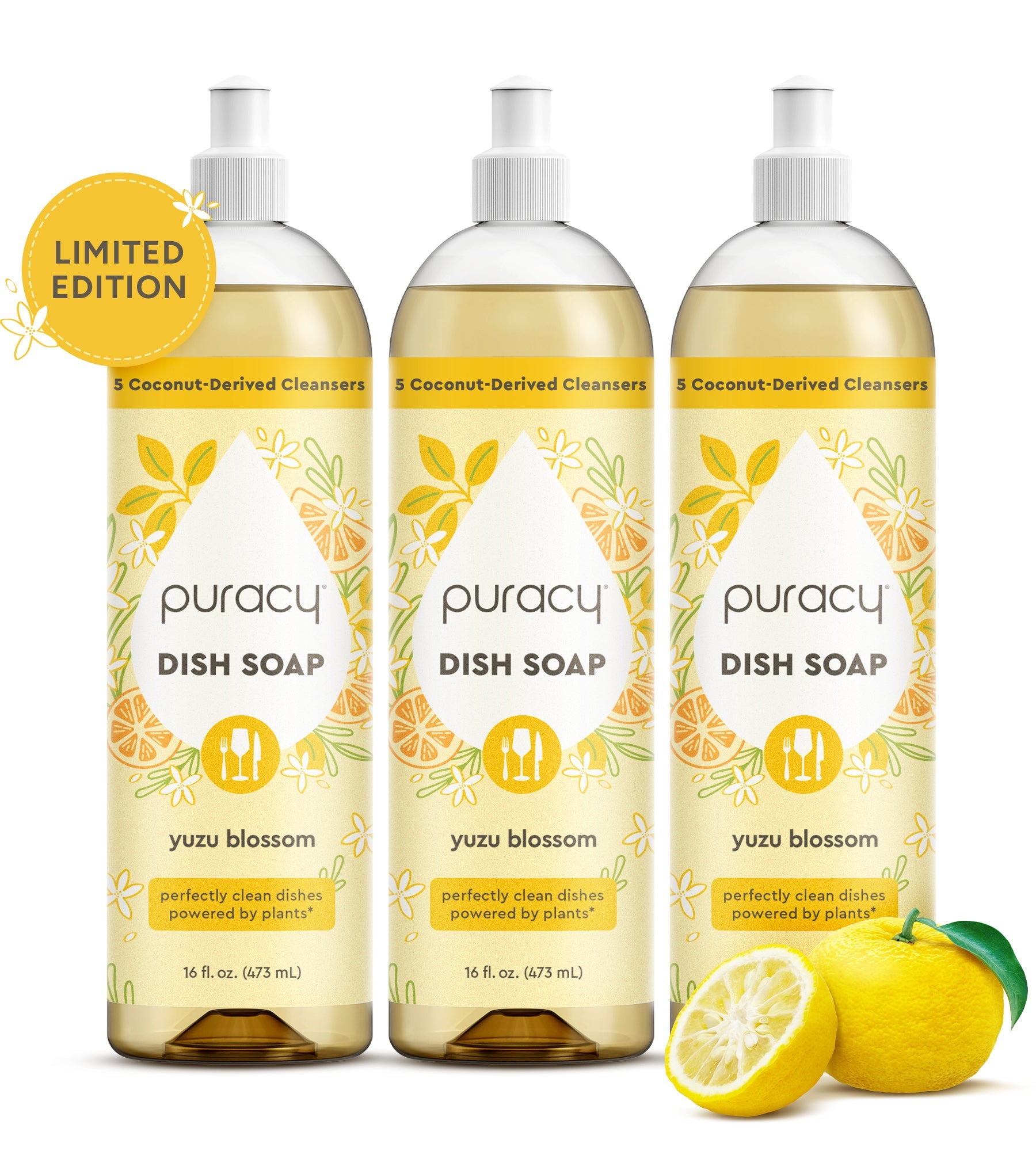 Three bottles of Puracy Dish Soap with yuzu blossom scent on a white background.
