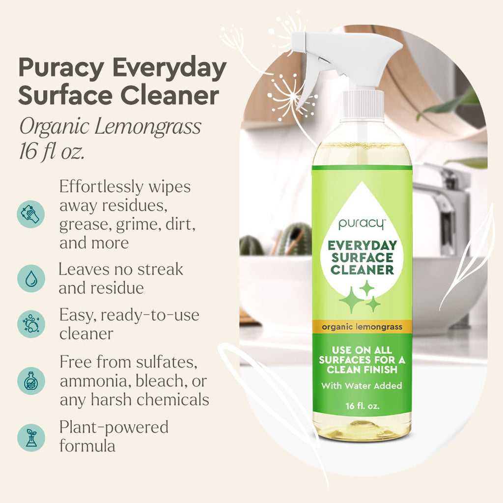 Puracy Everyday Surface Cleaner bottle with product details on a light background