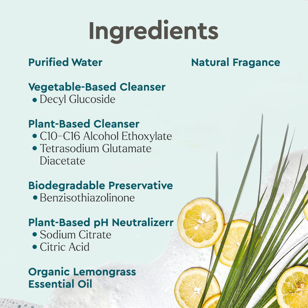 List of ingredients with a natural background featuring lemons and grass.