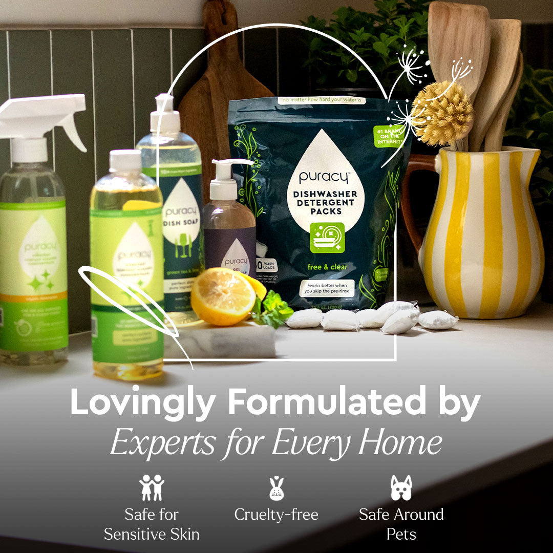 an assortment of Puracy cleaning products 