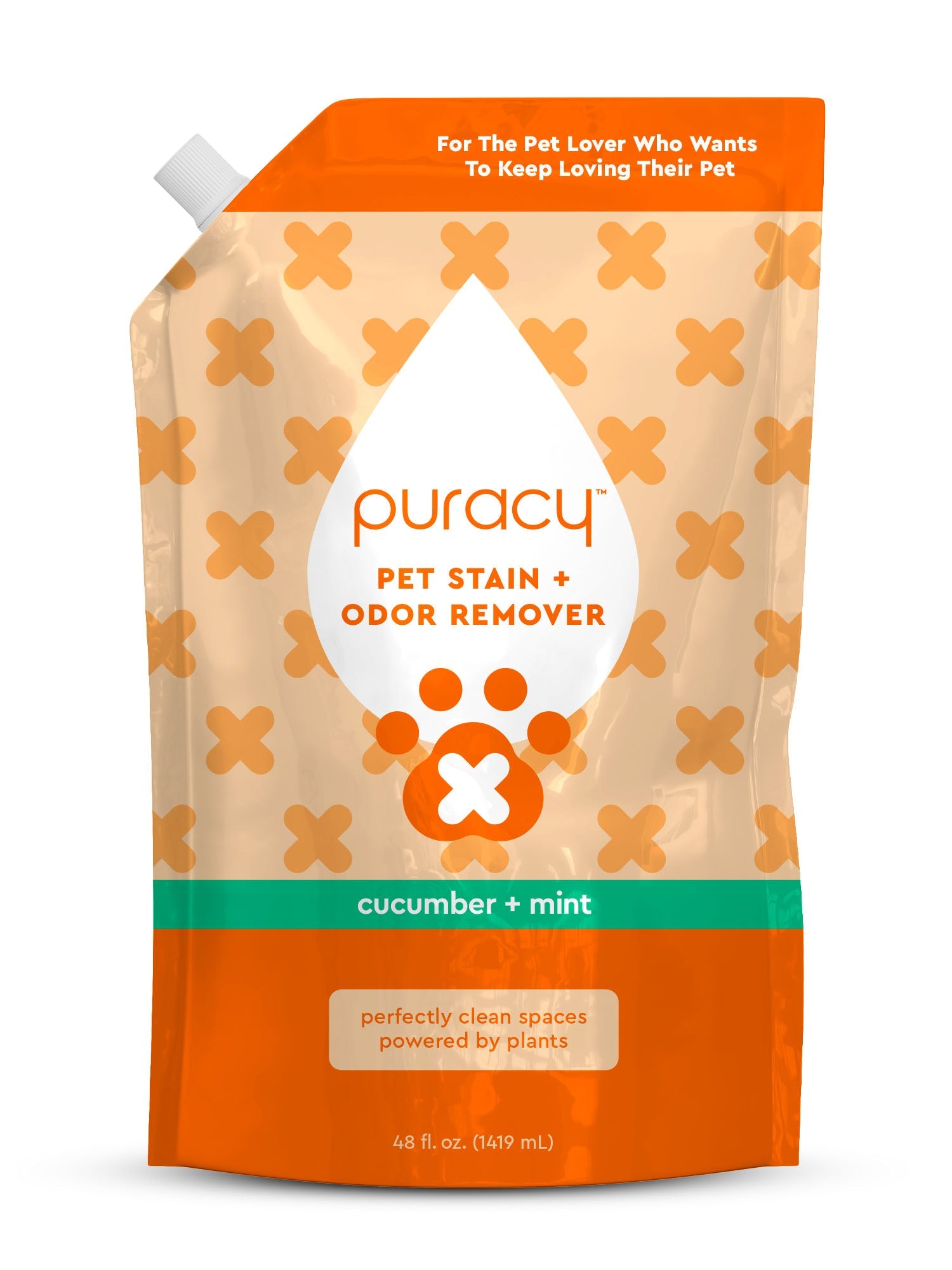 Puracy pet stain and odor remover refill packaging with orange and beige design.