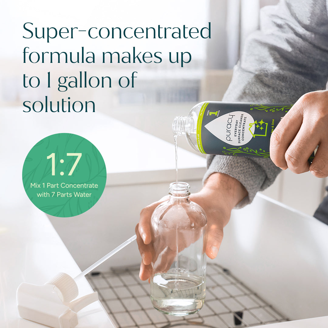 Person pouring a concentrated solution into a glass bottle with text about the formula's strength.