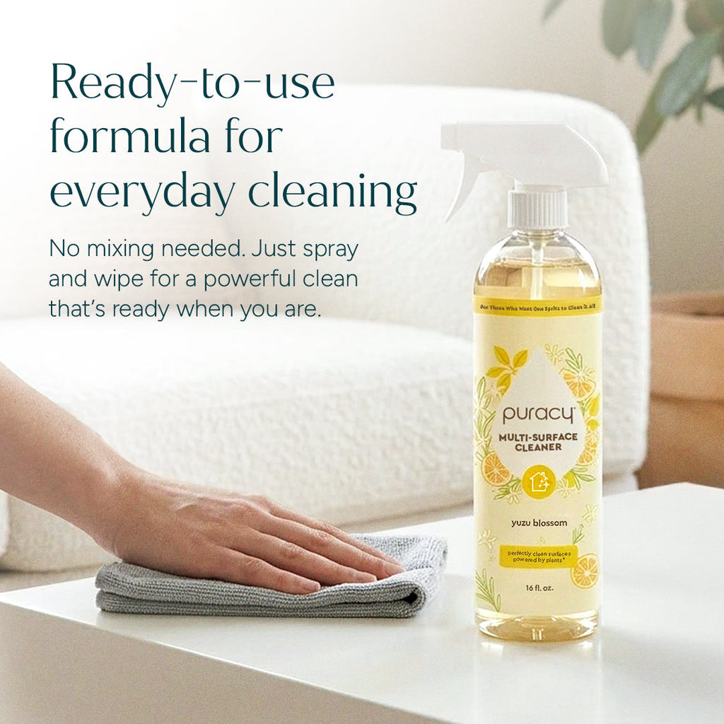 Puracy multi-surface cleaner bottle with text on a cleaning context