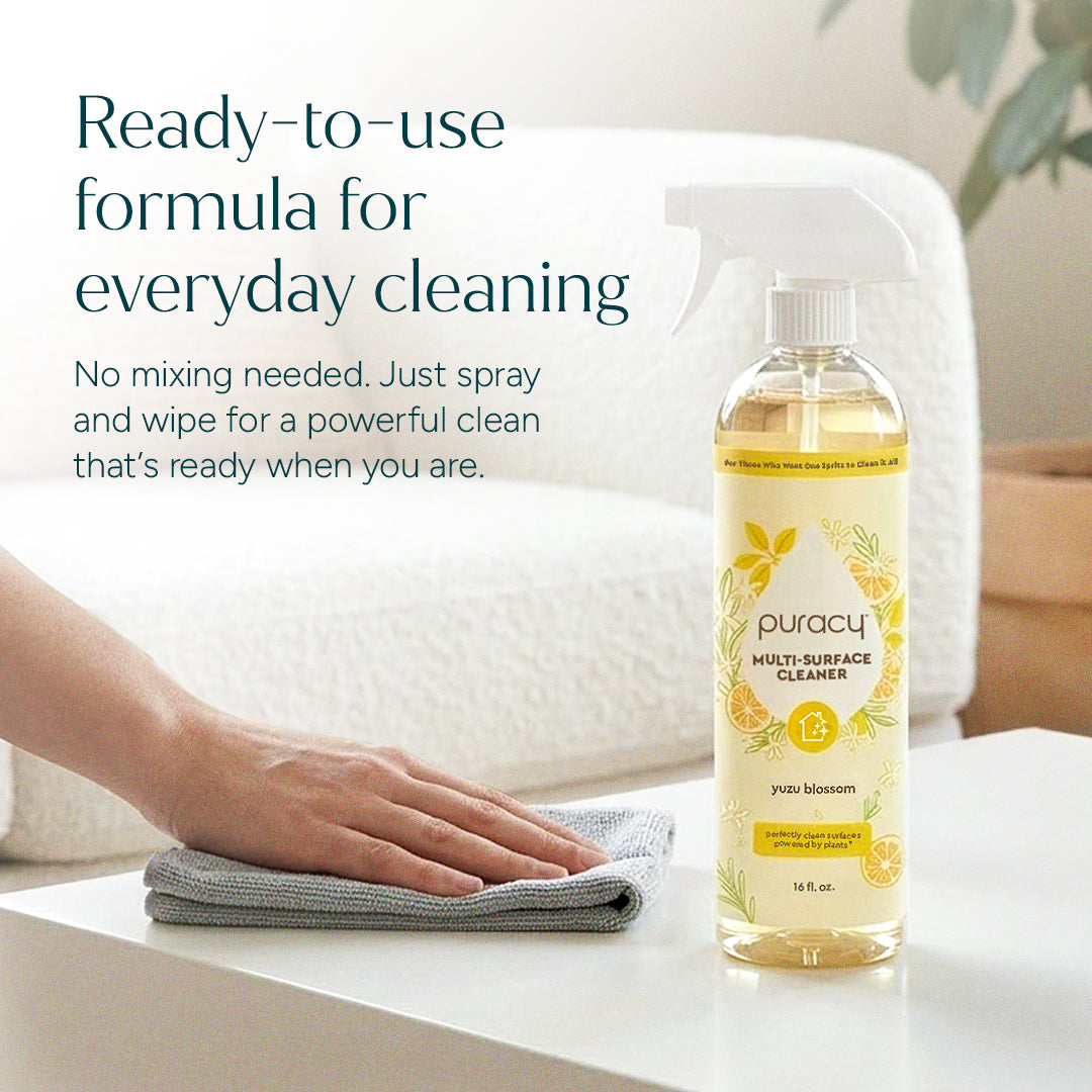 Puracy multi-surface cleaner bottle with text on a cleaning context